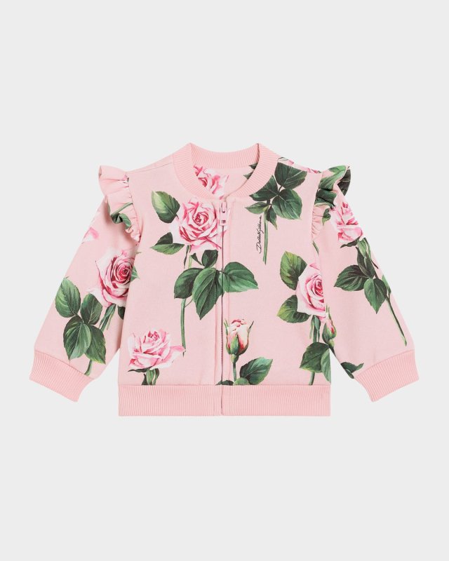 Girl's Rose-Print Ruffle-Trim Jacket, Size 1